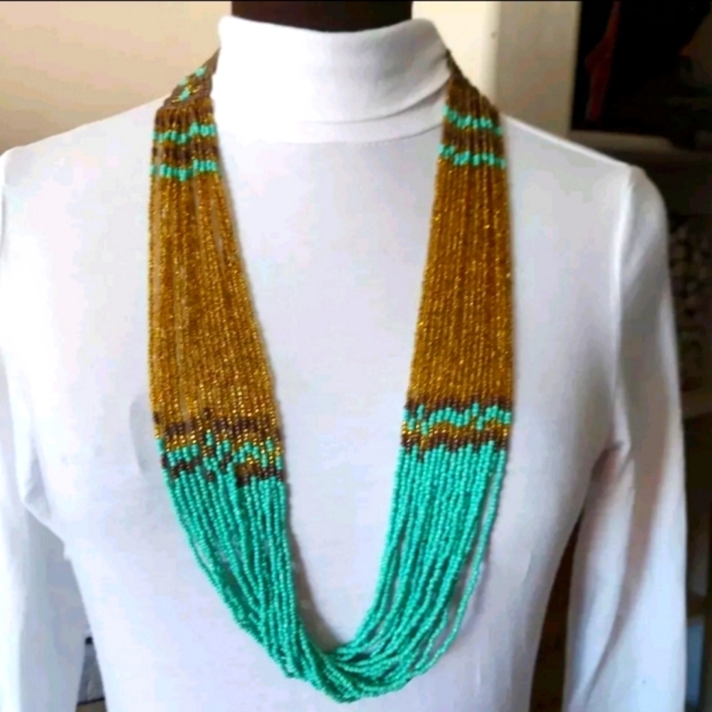 Tanjore Bib Necklace Long Gold Turquoise Brass Multicolor Beaded 16 Strand